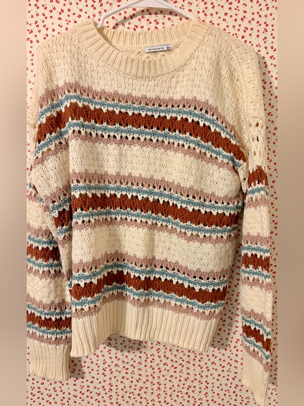 Staccato Cream Sweater with Rust, Dusty Rose & Teal Stripes